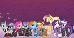 Size: 2074x1080 | Tagged: safe, derpibooru import, applejack, fluttershy, limestone pie, marble pie, maud pie, pinkie pie, rainbow dash, rarity, twilight sparkle, pony, the cutie re-mark, alternate timeline, angry, apinkalypse pie, apocalypse dash, apocalypse maud, clothes, crystal war timeline, dystopia, eyepatch, female, future twilight, mane six, medic, pie sisters, pinkamena diane pie, sad, siblings, sisters, soldier, uniform, war