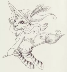 Size: 1617x1753 | Tagged: safe, artist:faline-art, derpibooru import, rarity, pony, broom, clothes, costume, flying, flying broomstick, lidded eyes, monochrome, nightmare night, nightmare night costume, smiling, solo, traditional art, witch costume