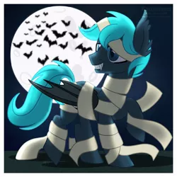 Size: 1024x1024 | Tagged: safe, artist:kazziepones, derpibooru import, oc, oc:guttatus, bat pony, pony, male, moon, mummy costume, solo, stallion