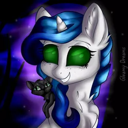 Size: 894x894 | Tagged: safe, artist:gleamydreams, derpibooru import, oc, oc:gleamy, unofficial characters only, pony, unicorn, black cat, creepy, halloween, holiday, looking at you, smiling, smiling at you, solo
