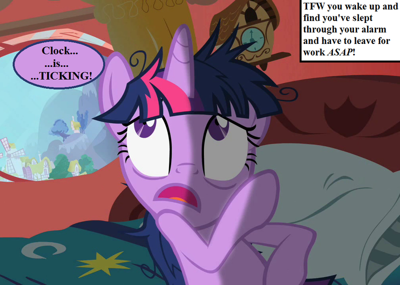 Size: 1008x720 | Tagged: bed, clock, clock is ticking, cropped, cuckoo clock, derpibooru import, edit, edited screencap, faic, golden oaks library, inset, lesson zero, messy mane, safe, screencap, speech, speech bubble, talking, text, tfw, tree, twilight sparkle, windmill