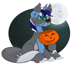 Size: 981x815 | Tagged: safe, artist:cadetredshirt, derpibooru import, oc, unofficial characters only, pony, unicorn, wolf, animal costume, claws, clothes, commission, costume, ear fluff, fangs, full body, full moon, gradient background, halloween, halloween costume, holiday, horn, male, mask, moon, mouth hold, night, nightmare night, nightmare night costume, pumpkin, pumpkin bucket, simple background, sitting, sky, solo, stallion, stars, transparent background, trick or treat, trick or treating, wolf costume, ych result, your character here