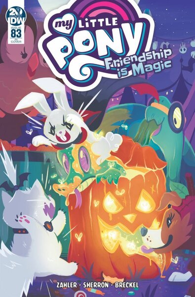 Size: 600x911 | Tagged: angel bunny, artist:justasuta, clothes, costume, cover, derpibooru import, gummy, halloween, holiday, idw, jack-o-lantern, opalescence, owlowiscious, pumpkin, safe, spoiler:comic, spoiler:comic83, tank, winona