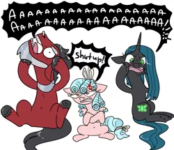 Size: 1395x1200 | Tagged: safe, artist:ch0c0butt, derpibooru import, cozy glow, lord tirek, queen chrysalis, ponified, earth pony, pegasus, pony, unicorn, a better ending for chrysalis, a better ending for cozy, a better ending for tirek, aaaaaaaaaa, annoyed, belly button, cozy glow is not amused, cross-popping veins, crossed arms, female, filly, foal, male, mare, nose piercing, nose ring, piercing, species swap, stallion, trio