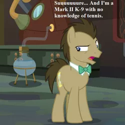 Size: 611x611 | Tagged: safe, derpibooru import, edit, edited screencap, screencap, doctor whooves, time turner, pony, a horse shoe-in, bowtie, cropped, doctor who, doctor whooves' lab, reaction image, skeptical, speech, talking, the stones of blood