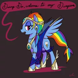 Size: 2500x2500 | Tagged: safe, artist:docwario, derpibooru import, rainbow dash, pegasus, pony, clothes, cosplay, costume, cutie mark, dashtober, eyeshadow, female, hoof shoes, lidded eyes, looking at you, makeup, mare, solo, speech bubble