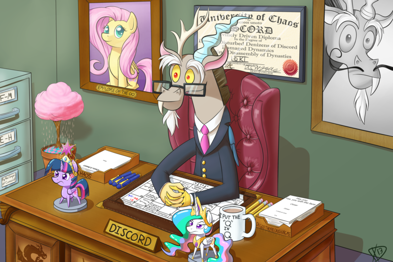 Size: 1800x1200 | Tagged: safe, artist:paradigmpizza, deleted from derpibooru, derpibooru import, discord, fluttershy, princess celestia, twilight sparkle, twilight sparkle (alicorn), alicorn, draconequus, pony, big crown thingy, bonsai, business suit, chocolate, chocolate rain, clothes, colored pupils, cotton candy, cup, desk, diploma, element of magic, employee of the month, facial hair, female, filing cabinet, food, glasses, jewelry, mare, moustache, mug, necktie, organized chaos, paper, paperwork, pen, pencil, q, rain, regalia, salvador dalí, suit, unamused, updated image