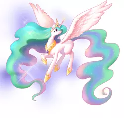 Size: 1405x1334 | Tagged: safe, artist:b.w., derpibooru import, princess celestia, alicorn, pony, crown, curved horn, cute, cutelestia, female, hoof shoes, horn, jewelry, mare, missing cutie mark, peytral, pixiv, regal, regalia, solo, spread wings, wings