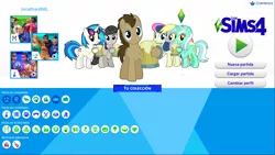 Size: 1920x1080 | Tagged: safe, derpibooru import, bon bon, derpy hooves, doctor whooves, lyra heartstrings, octavia melody, sweetie drops, time turner, vinyl scratch, pony, background six, spanish, the sims, the sims 4