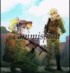 Size: 1153x1200 | Tagged: safe, artist:5mmumm5, derpibooru import, applejack, rainbow dash, equestria girls, ar15, backpack, baseball cap, boots, bulletproof vest, cap, clothes, duo, earmuffs, female, gloves, grin, gun, hat, knee pads, m4 carbine, obtrusive watermark, ponytail, rifle, safety goggles, shoes, smiling, watermark, weapon