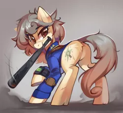 Size: 480x442 | Tagged: semi-grimdark, artist:share dast, derpibooru import, oc, oc:osha, earth pony, pony, fallout equestria, baseball bat, blood, clothes, female, mare, pipbuck, simple background, solo, vault suit