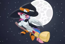 Size: 1080x740 | Tagged: safe, artist:cadetredshirt, derpibooru import, oc, oc:northstar, unofficial characters only, pegasus, pony, broom, clothes, commission, costume, dress, flying, flying broomstick, full moon, gradient background, halloween, halloween costume, hat, holiday, looking at you, moon, night, nightmare night, nightmare night costume, one eye closed, smiling, socks, solo, stars, striped socks, wings, wings down, wink, witch, witch costume, witch hat, ych result, your character here