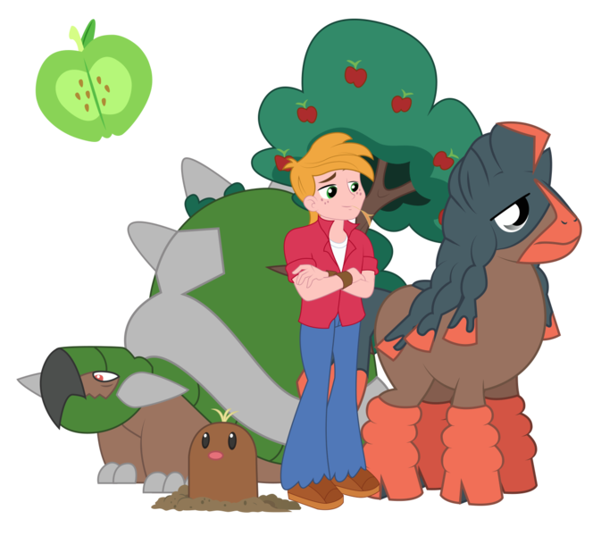 Size: 1356x1209 | Tagged: safe, artist:maretrick, derpibooru import, big macintosh, diglett, mudsdale, torterra, equestria girls, apple, apple tree, cloven hooves, crossed arms, crossover, food, giant tortoise, male, pokémon, simple background, transparent background, tree