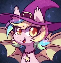 Size: 1632x1687 | Tagged: safe, artist:dawnfire, derpibooru import, oc, oc:paper stars, unofficial characters only, bat pony, pony, bat pony oc, bat wings, ethereal mane, eye clipping through hair, hat, solo, spread wings, starry mane, wings, witch hat