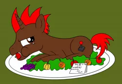 Size: 1749x1208 | Tagged: safe, artist:pixelgrip94, deleted from derpibooru, derpibooru import, oc, oc:pixel grip, unofficial characters only, pony, apple, apple in mouth, bait, food, fruit, note, plate, pony as food, solo