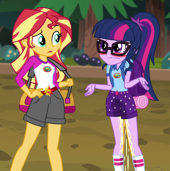 Size: 826x834 | Tagged: questionable, artist:the_real_me, deleted from derpibooru, derpibooru import, edit, edited screencap, screencap, sci-twi, sunset shimmer, twilight sparkle, equestria girls, legend of everfree, accident, blushing, camp everfree outfits, clothes, cropped, duo, fetish, pee edit, pissing, pissing on self, pixiv, shorts, shrug, urine, watersports, wetting