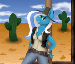 Size: 966x827 | Tagged: alicorn, alicorn oc, anthro, artist:zeronitroman, belt, breasts, cactus, cleavage, clothes, cowboy hat, cowgirl, derpibooru import, desert, ear fluff, female, gun, gun holster, hat, horn, jeans, mare, oc, oc:fleurbelle, pants, safe, shirt, stetson, unofficial characters only, vest, weapon, wings, yellow eyes