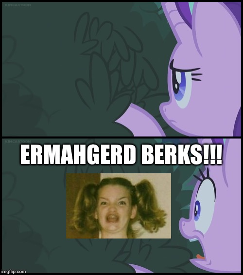 Size: 500x565 | Tagged: safe, derpibooru import, edit, edited screencap, screencap, starlight glimmer, human, pony, unicorn, student counsel, berks, bush, caption, dialogue, ermahgerd, ermahgerd berks, female, frightened, hooves, image macro, meme, surprised, text, wide eyes