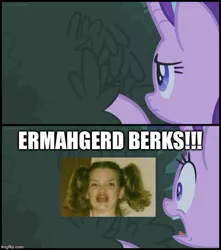 Size: 500x565 | Tagged: safe, derpibooru import, edit, edited screencap, screencap, starlight glimmer, human, pony, unicorn, student counsel, berks, bush, caption, dialogue, ermahgerd, ermahgerd berks, female, frightened, hooves, image macro, meme, surprised, text, wide eyes