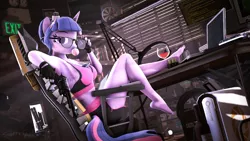 Size: 7680x4320 | Tagged: 3d, alcohol, anthro, armpits, artist:alicorntwilysparkle, artist:calveen, artist:whiteskyline, back to the future, breasts, chair, clothes, computer, delorean, derpibooru import, dolphin, feet, fingerless gloves, glasses, gloves, gun, lamp, looking at you, minigun, safe, sci-twi, shorts, solo, source filmmaker, sports bra, sports shorts, tattoo, thighs, twilight sparkle, weapon, wine