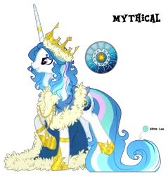 Size: 2099x2200 | Tagged: safe, artist:starling-sentry-yt, derpibooru import, oc, oc:prince mythical, unofficial characters only, alicorn, hybrid, pony, clothes, crown, high res, interspecies offspring, jewelry, male, offspring, parent:discord, parent:princess celestia, parents:dislestia, regalia, robe, simple background, solo, stallion, transparent background