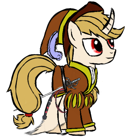 Size: 427x457 | Tagged: safe, artist:uncreative, derpibooru import, oc, oc:regal inkwell, unofficial characters only, pony, unicorn, clothes, curved horn, doublet, hat, horn, rapier, solo, sword, unshorn fetlocks, weapon, whip