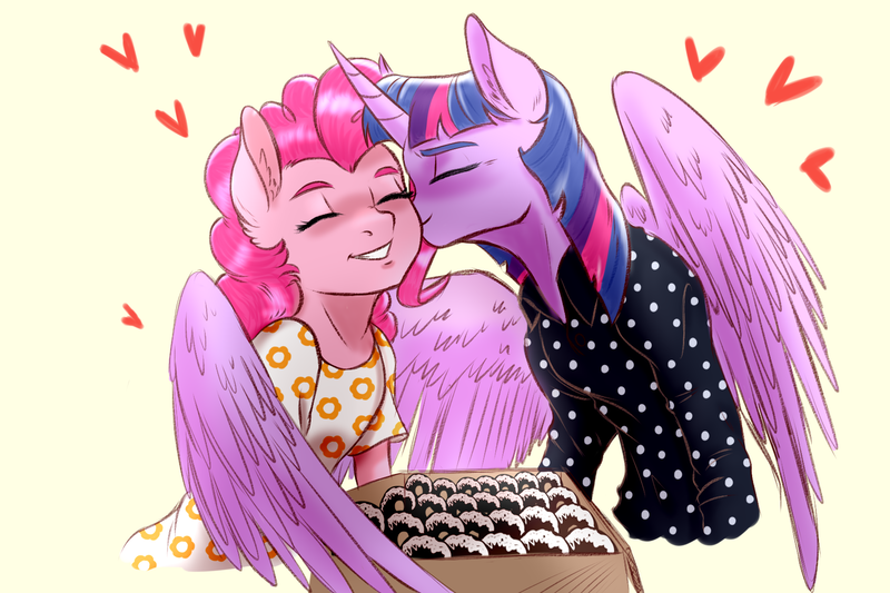 Size: 1680x1120 | Tagged: safe, artist:lorenz3, artist:notaletolivefor, derpibooru import, pinkie pie, twilight sparkle, twilight sparkle (alicorn), alicorn, anthro, pony, clothes, donut, female, food, grin, happy, hug, kissing, lesbian, mare, shipping, smiling, twinkie, winghug