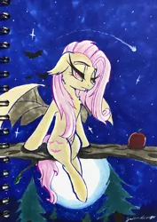 Size: 2790x3940 | Tagged: safe, artist:galinn-arts, derpibooru import, fluttershy, bat, bat pony, apple, bat ponified, bored, fluffy, flutterbat, food, forest, markers, moon, night, race swap, sitting, solo, stars, traditional art, tree, tree branch