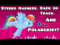 Size: 480x360 | Tagged: safe, derpibooru import, rainbow dash, pony, back on track, block, cutie mark, game, gamer, geometry dash, level, my little pony, online level, polargeist, stereo madness, thorn, wings