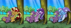 Size: 1419x563 | Tagged: safe, artist:burning-heart-brony, derpibooru import, spike, starlight glimmer, sunset shimmer, trixie, dragon, pony, unicorn, female, interspecies, kiss on the lips, kissing, male, mare, shipping, sparlight, spike gets all the mares, spixie, straight, sunsetspike, tree
