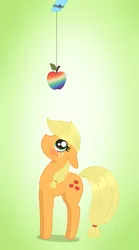 Size: 1155x2079 | Tagged: safe, artist:dyonys, derpibooru import, applejack, rainbow dash, pony, apple, blushing, chibi, cute, female, food, freckles, hatless, implied appledash, implied lesbian, implied shipping, jackabetes, looking up, mare, missing accessory, simple background, standing, wingding eyes, zap apple