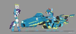 Size: 2000x920 | Tagged: safe, artist:satv12, derpibooru import, rainbow dash, rarity, pony, semi-anthro, armpits, belly button, biker, bipedal, boots, clothes, electricity, floating, gray background, high heel boots, hoverbike, miniskirt, race, race queen, shoes, side slit, simple background, skirt, top, uniform, wonderbolts uniform