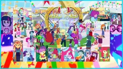 Size: 1280x720 | Tagged: safe, derpibooru import, edit, edited screencap, screencap, apple bloom, applejack, aqua blossom, bright idea, curly winds, drama letter, flash sentry, fluttershy, gallop j. fry, garden grove, henry handle, indigo wreath, ink jet, little red, manestrum, mint chip, normal norman, orange sunrise, pinkie pie, princess celestia, princess luna, rainbow dash, rarity, sci-twi, scootaloo, scott green, some blue guy, sophisticata, sunset shimmer, sweetie belle, technicolor waves, track starr, twilight sparkle, twilight sparkle (alicorn), watermelody, wiz kid, alicorn, equestria girls, equestria girls (movie), equestria girls series, holidays unwrapped, spring breakdown, spoiler:eqg series (season 2), clothes, cutie mark crusaders, good, humane five, humane seven, humane six, job, ponied up, present, principal celestia, vice principal luna, winter outfit