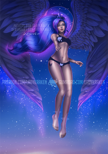 Size: 636x900 | Tagged: alternate cutie mark, alternate version, artist:ladykraken, barefoot, black underwear, bra, breasts, clothes, cutie mark on human, derpibooru import, feet, female, horn, horned humanization, human, humanized, night, panties, princess luna, solo, solo female, suggestive, underwear, winged humanization, wings