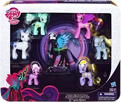 Size: 425x361 | Tagged: safe, derpibooru import, derpy hooves, diamond tiara, lyra heartstrings, princess cadance, queen chrysalis, shining armor, alicorn, changeling, changeling queen, pony, unicorn, box, doll, female, hasbro, my little pony, my little pony logo, rainbow chrysalis, tecna, toy, union