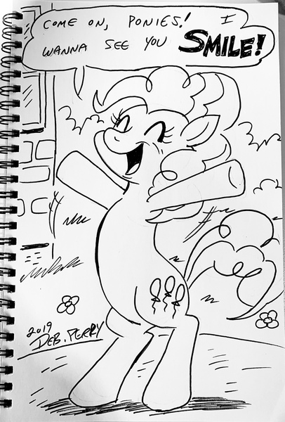 Size: 2129x3150 | Tagged: safe, artist:debmervin, derpibooru import, pinkie pie, earth pony, pony, monochrome, solo, traditional art