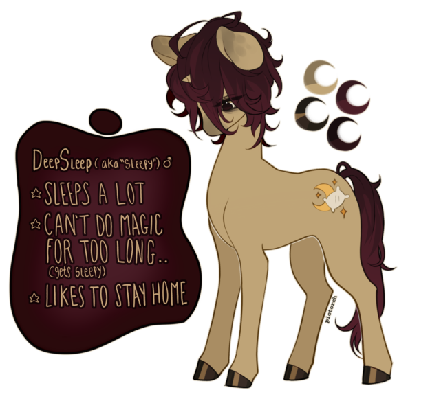 Size: 2140x2002 | Tagged: safe, artist:pictorch, derpibooru import, oc, oc:deep sleep, pony, unicorn, ahoge, brown, brown hair, brown mane, brunette, colored hooves, hooves, horn, looking down, markings, messy hair, messy mane, nub, ponysona, reference, reference sheet, simple background, small horn, solo, standing, transparent background