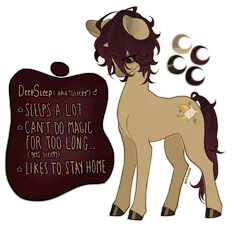 Size: 2140x2002 | Tagged: safe, artist:pictorch, derpibooru import, oc, oc:deep sleep, pony, unicorn, ahoge, brown, brown hair, brown mane, brunette, colored hooves, hooves, horn, looking down, markings, messy hair, messy mane, nub, ponysona, reference, reference sheet, simple background, small horn, solo, standing, transparent background
