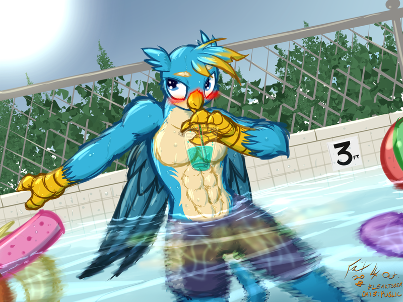 Size: 1408x1056 | Tagged: questionable, artist:frist44, derpibooru import, gallus, anthro, gryphon, abs, beach ball, bush, drink, drinking, fence, leaktober, leaktober 2019, leaning, male, older, peeing in the pool, pissing, pool noodle, public urination, soda, stupid sexy gallus, swimming pool, swim trunks, urine