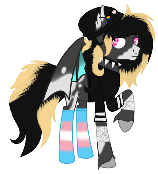 Size: 2712x2984 | Tagged: safe, artist:celestial-rue0w0, artist:teepew, derpibooru import, oc, oc:envoifal, unofficial characters only, bat pony, pony, bandage, base used, bat pony oc, bat wings, beanie, blaze (coat marking), choker, clothes, commission, ear piercing, earring, hat, jewelry, lip piercing, male, nose piercing, nose ring, piercing, pride, raised hoof, shirt, simple background, socks, solo, spiked choker, stallion, striped socks, t-shirt, trans boy, transgender, transparent background, unshorn fetlocks, wings