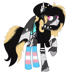 Size: 2712x2984 | Tagged: safe, artist:celestial-rue0w0, artist:teepew, derpibooru import, oc, oc:envoifal, unofficial characters only, bat pony, pony, bandage, base used, bat pony oc, bat wings, beanie, blaze (coat marking), choker, clothes, commission, ear piercing, earring, hat, jewelry, lip piercing, male, nose piercing, nose ring, piercing, pride, raised hoof, shirt, simple background, socks, solo, spiked choker, stallion, striped socks, t-shirt, trans boy, transgender, transparent background, unshorn fetlocks, wings