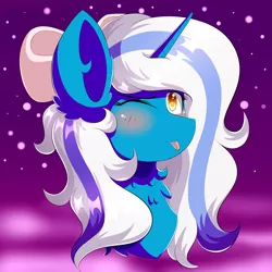 Size: 2520x2520 | Tagged: safe, artist:xprismxx, derpibooru import, oc, oc:fleurbelle, unofficial characters only, pony, bow, bust, female, hair bow, mare, one eye closed, portrait, solo, tongue out, wink