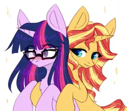 Size: 1738x1518 | Tagged: safe, artist:avrameow, derpibooru import, sci-twi, sunset shimmer, twilight sparkle, ponified, pony, unicorn, equestria girls, blushing, chest fluff, equestria girls ponified, female, glasses, lesbian, mare, scitwishimmer, shipping, simple background, smiling, sunsetsparkle, unicorn sci-twi, white background