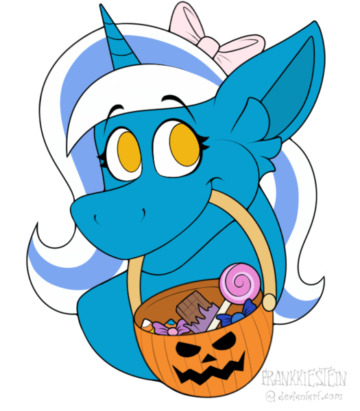 Size: 613x700 | Tagged: alicorn, alicorn oc, artist:frankkiestein, bow, candy, derpibooru import, female, food, hair bow, halloween, holiday, horn, mare, mouth hold, oc, oc:fleurbelle, pumpkin, pumpkin bucket, safe, unofficial characters only, wings, yellow eyes