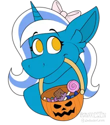 Size: 613x700 | Tagged: alicorn, alicorn oc, artist:frankkiestein, bow, candy, derpibooru import, female, food, hair bow, halloween, holiday, horn, mare, mouth hold, oc, oc:fleurbelle, pumpkin, pumpkin bucket, safe, unofficial characters only, wings, yellow eyes