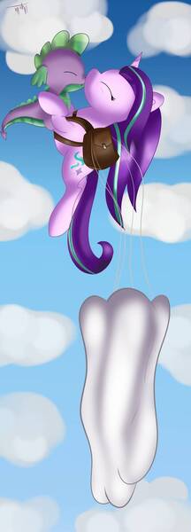 Size: 536x1492 | Tagged: safe, artist:ilynalta, derpibooru import, edit, spike, starlight glimmer, dragon, pony, unicorn, bag, female, flying, interspecies, kiss on the lips, kissing, male, mare, saddle bag, shipping, sky, sparlight, straight, upside down