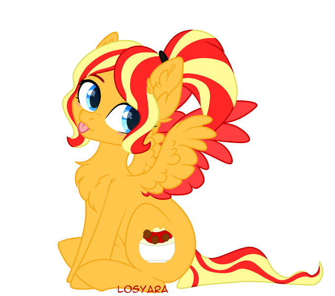 Size: 4526x4004 | Tagged: safe, artist:losyara, derpibooru import, oc, oc:bunsetti, unofficial characters only, pegasus, pony, cute, not sunset shimmer, pegasus oc, sitting, solo, tongue out, wings