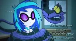 Size: 1222x654 | Tagged: safe, artist:snakeythingy, derpibooru import, vinyl scratch, snake, equestria girls, ..., blank expression, canterlot high, classroom, clothes, coiling, coils, cute, disney, female, glasses, hypno eyes, kaa, kaa eyes, mind control, peril, solo, story included, swirly eyes, text