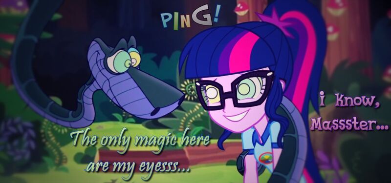 Size: 1270x595 | Tagged: safe, artist:snakeythingy, derpibooru import, sci-twi, twilight sparkle, snake, equestria girls, legend of everfree, camp everfree logo, camp everfree outfits, coils, forest, glasses, hypno eyes, kaa, kaa eyes, master, mind control, peril, ponytail, smiling, solo, story included, text, the jungle book