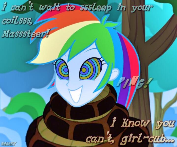 Size: 900x750 | Tagged: safe, artist:snakeythingy, derpibooru import, rainbow dash, snake, equestria girls, coiling, coils, disney, excited, hypno eyes, kaa, kaa eyes, master, mind control, smiling, solo, swirly eyes, text
